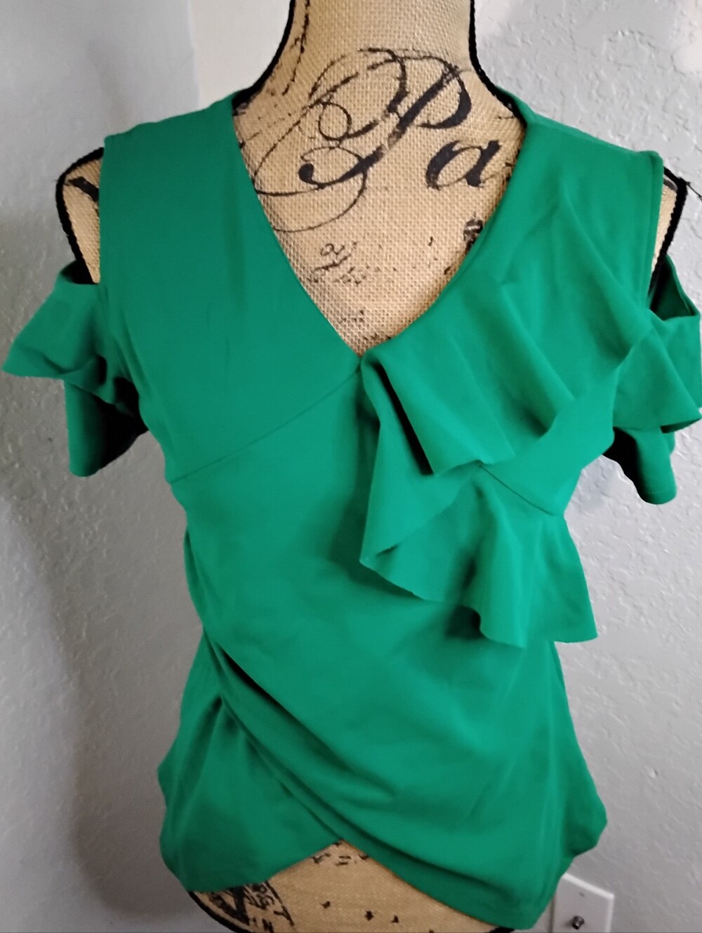 Womens Green Ruffle Cold-Shoulder Top - Picture 1 of 2